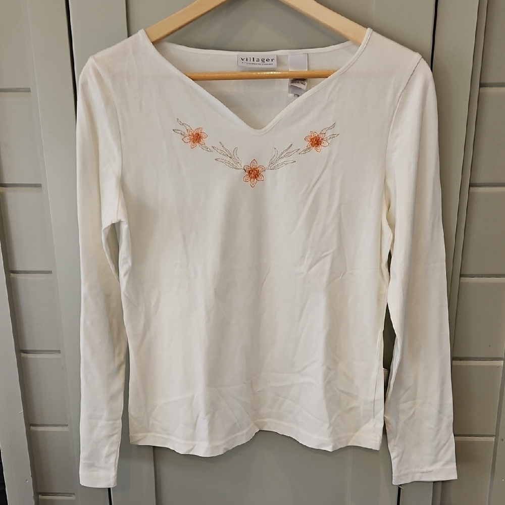 #167 Villager White Long-Sleeve V-Neck Top with Orange Floral Embroidery Accents